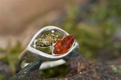 Cognac and green amber ring. Baltic amber ring. Two different shades of Baltic amber in sterling ...