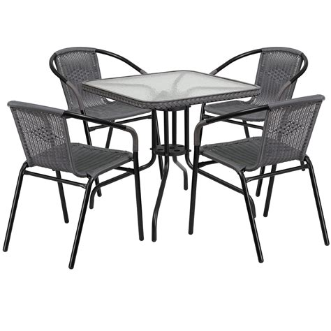 Flash Furniture Outdoor Patio Dining Set, Glass Table with 4 Rattan Chairs, Multiple Colors and ...