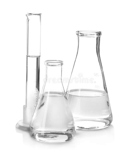 Flasks with Liquid on White Background . Laboratory Analysis Equipment ...