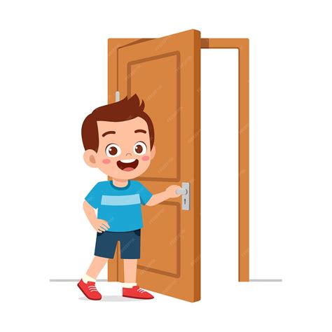 Premium Vector | Little kid standing and holding door knob