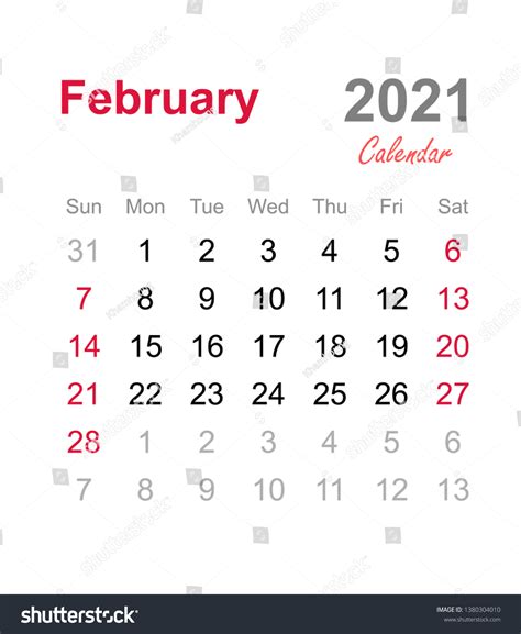 February 2021 Calendar Monthly Calendar Template Stock Vector (Royalty Free) 1380304010 ...