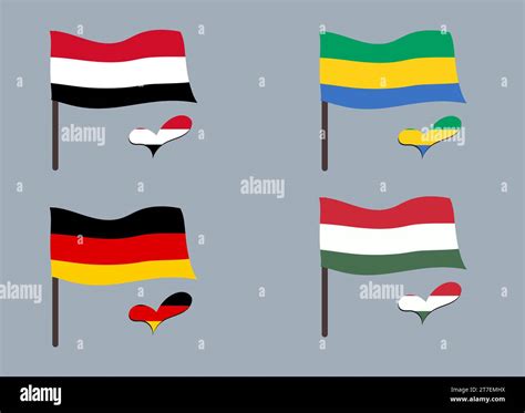 Set of flags (Hungary, Gabon, Germany, Yemen). Heart in flag colors. Set of national symbols ...