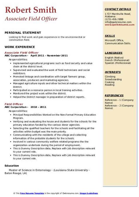 Field Officer Resume Samples | QwikResume