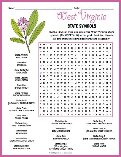 State Symbols of West Virginia Word Search