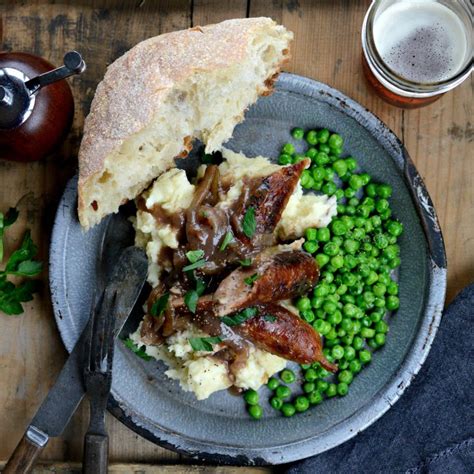 Irish Bangers and Mash with Caramelized Onion Gravy - Simply Scratch