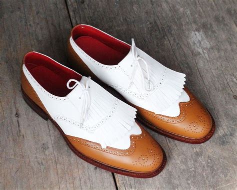 Brown And White Full Brogue Toe Wing Tip Laceup Fringed Vintage Leather Shoes | Leather brogues ...