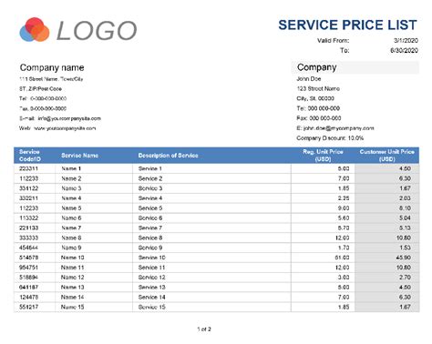 Excel Price List Template Free - PRINTABLE TEMPLATES