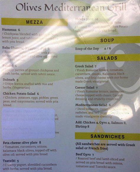 Menu at Olives Mediterranean Grill restaurant, Arlington