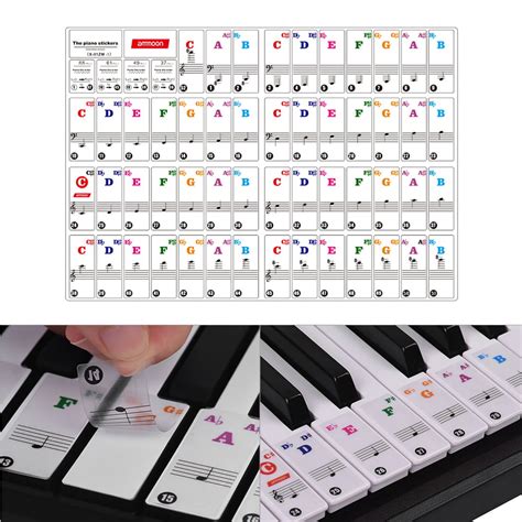 ammoon Colored Piano Keyboard Stickers for 37/ 49/ 61/ 88 Key Keyboards Removable Transparent ...