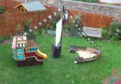 Cardboard build pirate ship in garden for pirate party. Backyard Playground, Diy Backyard ...