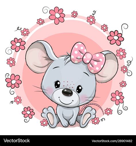 Cute cartoon mouse with pink flowers Royalty Free Vector