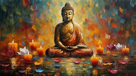 oil painting of buddha statue with lotus flower and candle ornament ...