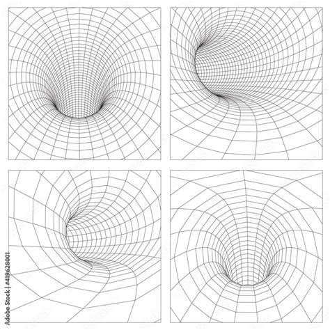 Grid wormhole wireframe tunnel. 3d gravity quantum, vector wormhole ...