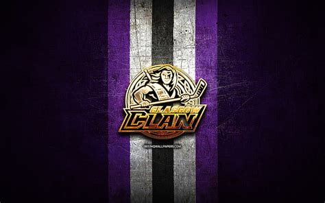 Glasgow Clan, golden logo, Elite League, violet metal background ...