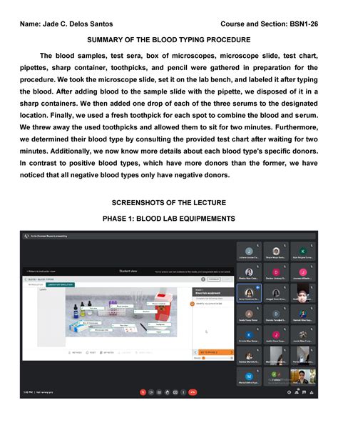 Summary of the Blood Typing Procedure and Screenshots of the Lecture - Name: Jade C. Delos ...