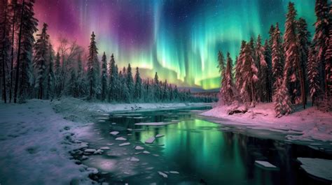 A mesmerizing portrayal of the Northern Lights dancing across a night sky over a frozen lake ...