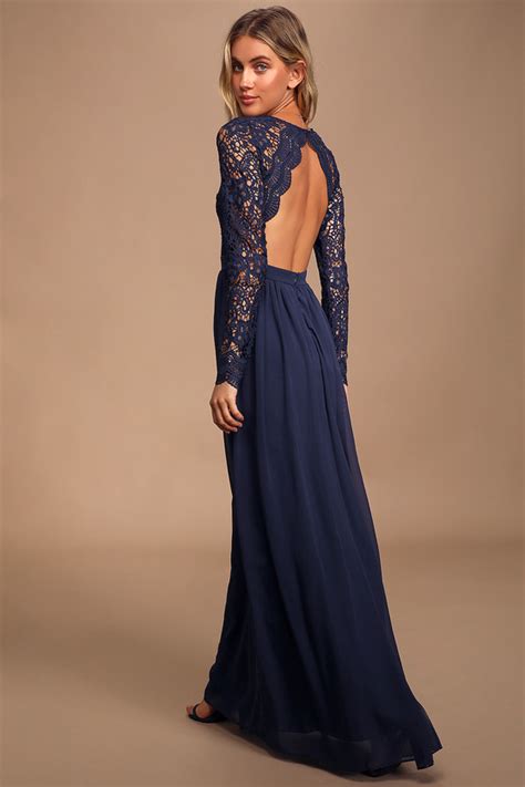 Navy Blue Dress - Maxi Dress - Lace Dress- Long Sleeve Dress - Lulus