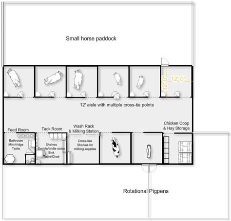 Basic Barn Layout - 6 horse stalls, chicken coop, cow stall, pig stall ...