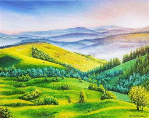 Misty Rolling Hills Painting by Jessica Hamilton | Saatchi Art