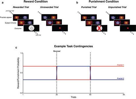 Reversal learning task schematic. (a,b) At the start of each trial in ...