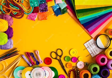 Premium Photo | Craft and hobby materials on the yellow background, flat lay