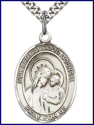 Our Lady of Good Counsel Medal, Sterling Silver, 1"x3/4", your choice of chain, # 48754