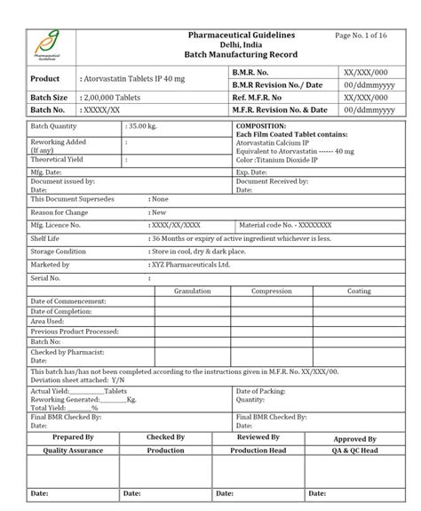 Sample of Batch Manufacturing Record (BMR) – Atorvastatin – PDF Download – M A N O X B L O G