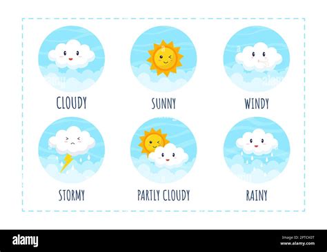 Types of Weather Conditions with Sunny, Cloudy, Windy, Rainy, Snow and Stormy in Template Hand ...