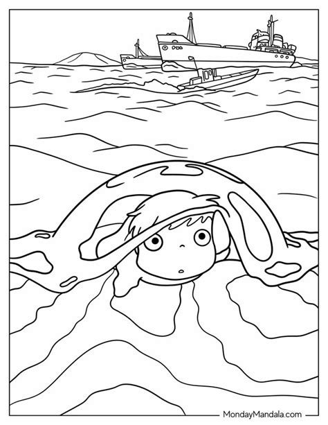 a girl swimming in the ocean with a boat in the background coloring ...