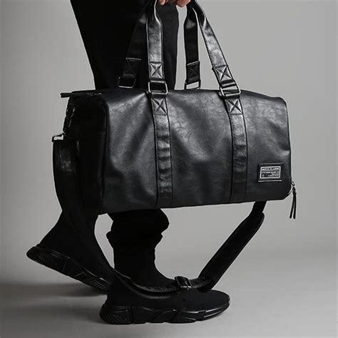 Men's Black Leather Large Capacity Duffle Travel Gym Weekend Overnight ...