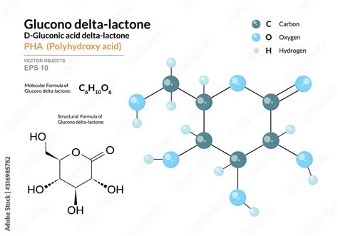 Gluconic acid delta-lactone. PHA Polyhydroxy acid. Structural chemical ...