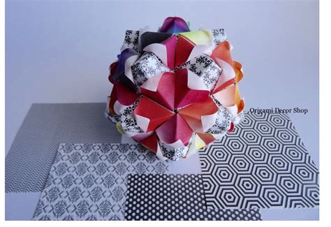 Origami flower ball made by colour fade Origami paper and black, white pattern Origami paper ...