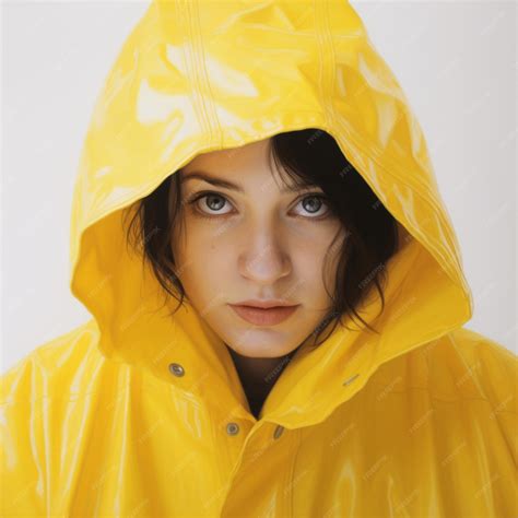Premium AI Image | a woman wearing a yellow raincoat with a white background.