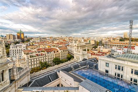 Madrid skyline at sunset containing building exterior, capital cities, and | Architecture Stock ...