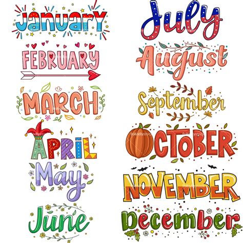 Whimsical Text Doodle Months Clipart Vector Collection - FriendlyStock