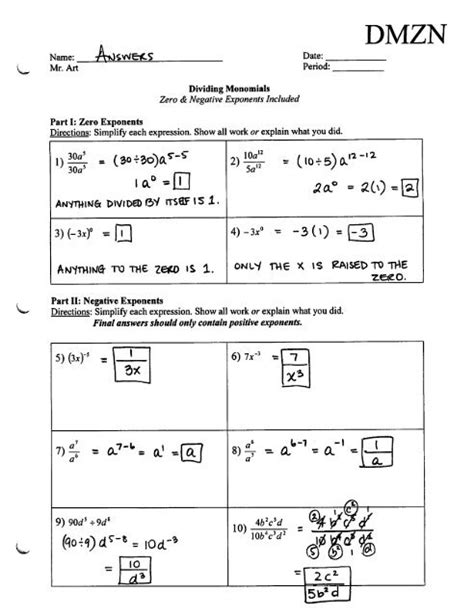 Dividing Monomials - Negative & Zero Exponents - Worksheet - DMZN