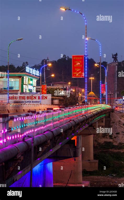 Vietnam, Dien Bien Phu. Victory Monument from town bridge, dusk Stock Photo - Alamy