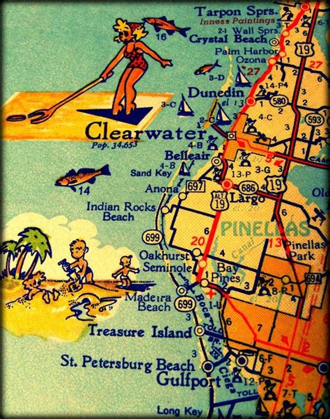 color map photograph CLEARWATER DUNEDIN Florida | Map of florida ...