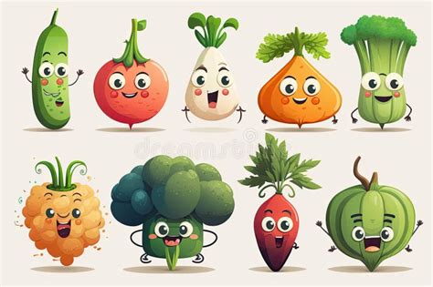 Children S Cartoon Illustration with Different Vegetables, Funny Faces. Vitamin Vegetarian Set ...