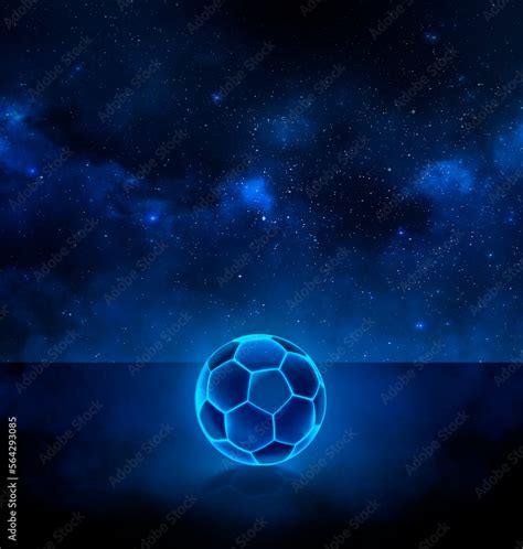 Soccer ball with bright blue glowing neon lines on stars background ...