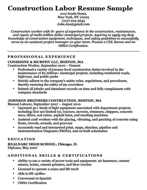 Construction Labor Resume Sample | Resume Companion