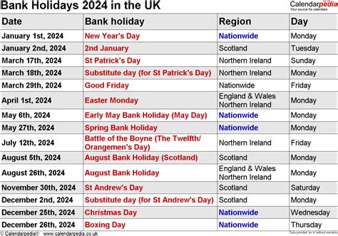 Bank Holidays 2024 in the UK, with printable templates