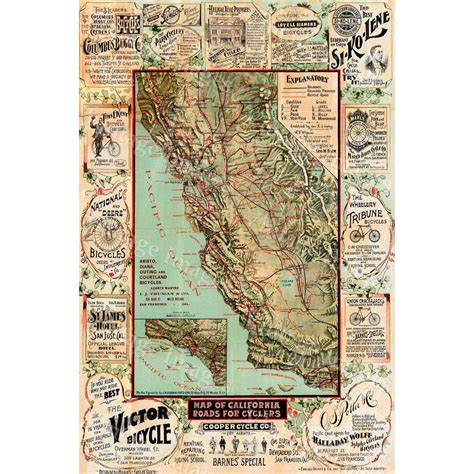 Giant 1895 Vintage Historic California map Old California map Bicycle ...