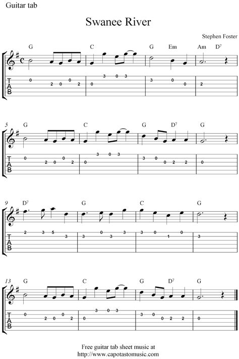 Swanee River by Stephen Foster, free guitar tablature sheet music score