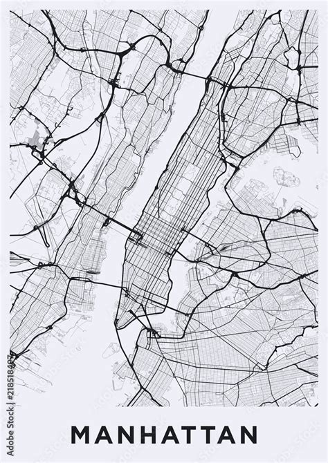 Light Manhattan (New York) map. Road map of Manhattan (NYC). Black and ...