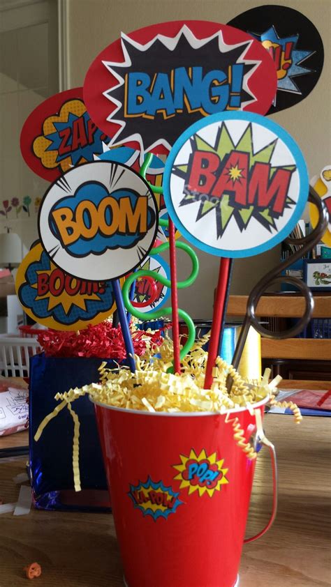 Centerpiece for superhero party | Superhero party decorations, Superhero birthday party ...