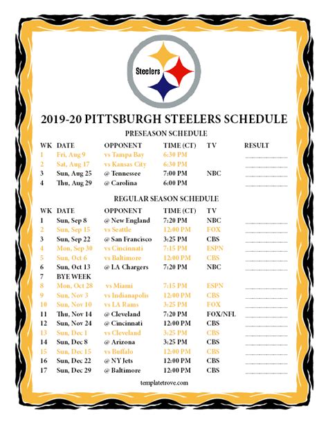 Printable 2019-2020 Pittsburgh Steelers Schedule