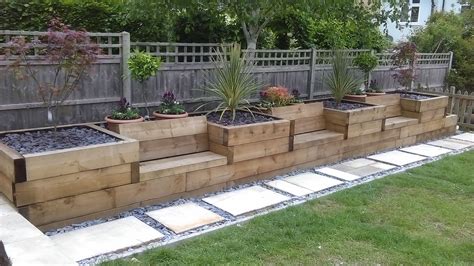 Raised beds with integrated garden seating made from railway sleepers. #garden #sleepers (Diy ...