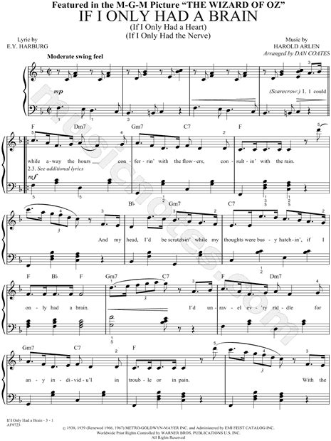 Ray Bolger "If I Only Had a Brain" Sheet Music (Easy Piano) in F Major (transposable) - Download ...