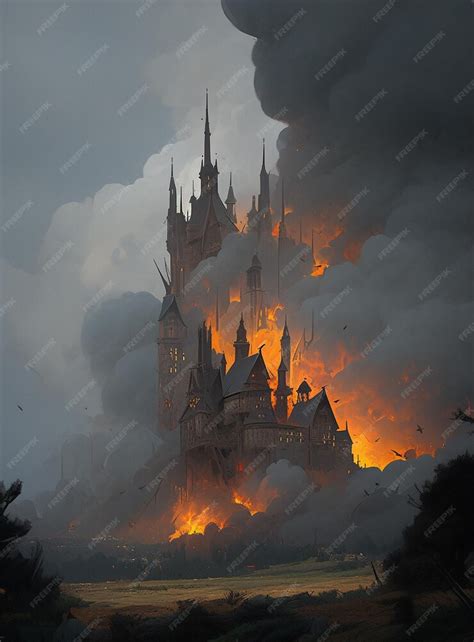 Premium AI Image | A castle on fire with a large castle on the top